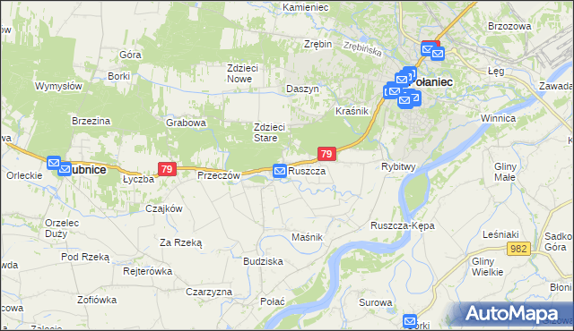 mapa Ruszcza gmina Połaniec, Ruszcza gmina Połaniec na mapie Targeo