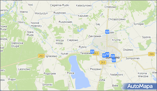 mapa Rybno gmina Wierzbinek, Rybno gmina Wierzbinek na mapie Targeo