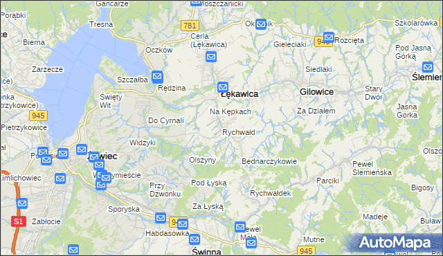 mapa Rychwałd gmina Gilowice, Rychwałd gmina Gilowice na mapie Targeo