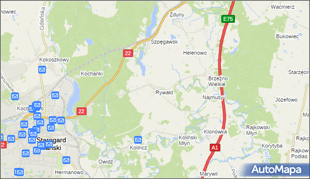 mapa Rywałd gmina Starogard Gdański, Rywałd gmina Starogard Gdański na mapie Targeo