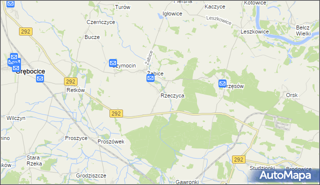 mapa Rzeczyca gmina Grębocice, Rzeczyca gmina Grębocice na mapie Targeo