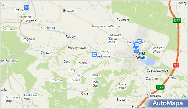 mapa Rzędowice gmina Książ Wielki, Rzędowice gmina Książ Wielki na mapie Targeo