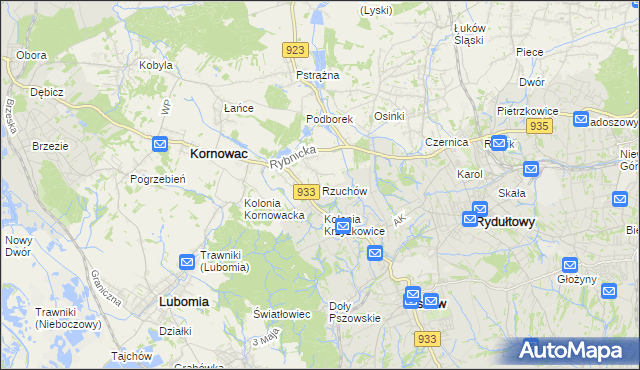 mapa Rzuchów gmina Kornowac, Rzuchów gmina Kornowac na mapie Targeo