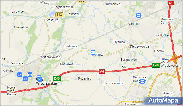mapa Sadków gmina Kąty Wrocławskie, Sadków gmina Kąty Wrocławskie na mapie Targeo