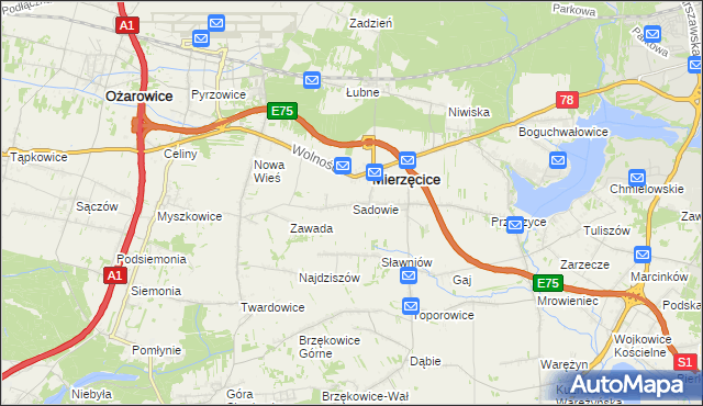 mapa Sadowie gmina Mierzęcice, Sadowie gmina Mierzęcice na mapie Targeo