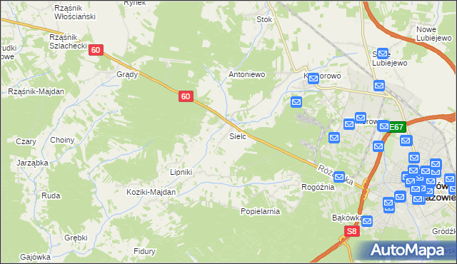 mapa Sielc gmina Ostrów Mazowiecka, Sielc gmina Ostrów Mazowiecka na mapie Targeo
