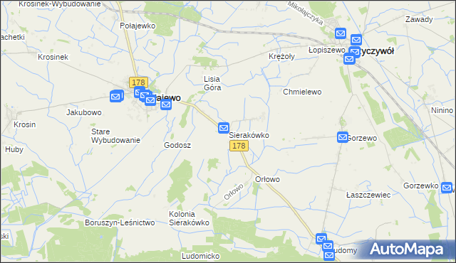 mapa Sierakówko gmina Połajewo, Sierakówko gmina Połajewo na mapie Targeo