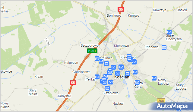mapa Sierakowo gmina Kościan, Sierakowo gmina Kościan na mapie Targeo