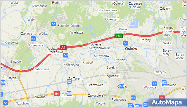 mapa Skrzyszów gmina Ostrów, Skrzyszów gmina Ostrów na mapie Targeo