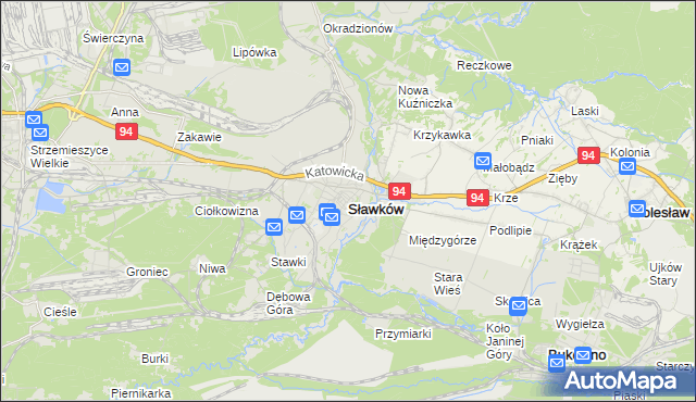 mapa Sławków powiat będziński, Sławków powiat będziński na mapie Targeo