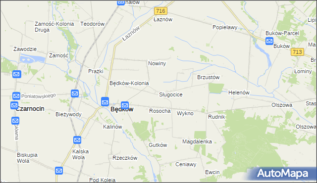 mapa Sługocice gmina Będków, Sługocice gmina Będków na mapie Targeo