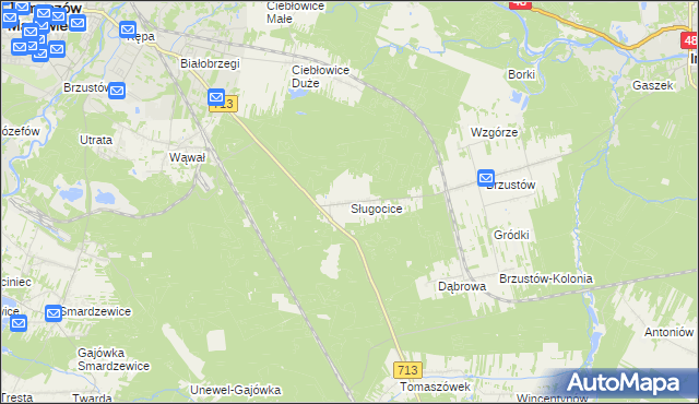 mapa Sługocice gmina Tomaszów Mazowiecki, Sługocice gmina Tomaszów Mazowiecki na mapie Targeo