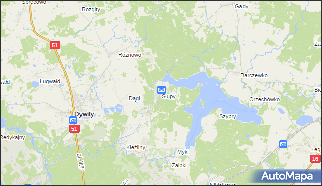 mapa Słupy gmina Dywity, Słupy gmina Dywity na mapie Targeo