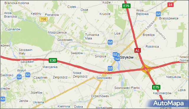 mapa Smolice gmina Stryków, Smolice gmina Stryków na mapie Targeo