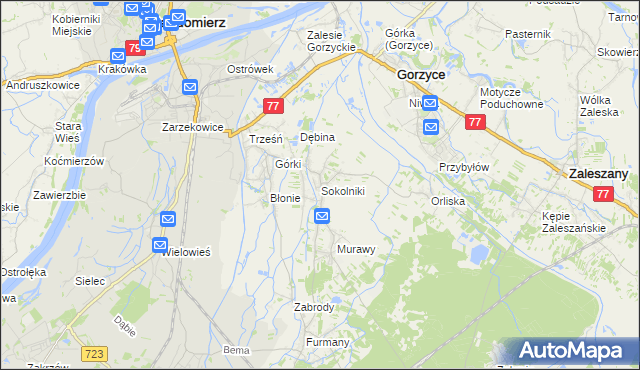 mapa Sokolniki gmina Gorzyce, Sokolniki gmina Gorzyce na mapie Targeo