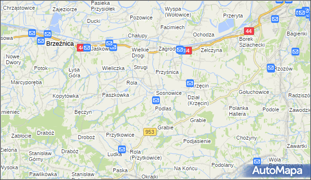 mapa Sosnowice gmina Brzeźnica, Sosnowice gmina Brzeźnica na mapie Targeo