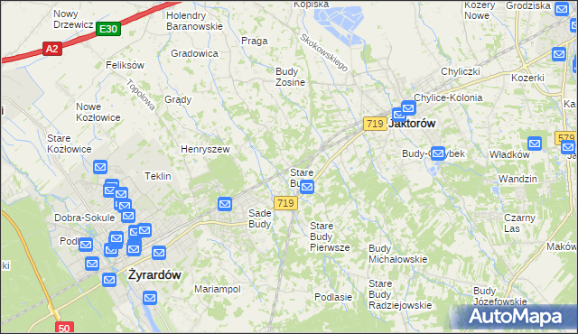 mapa Stare Budy gmina Jaktorów, Stare Budy gmina Jaktorów na mapie Targeo