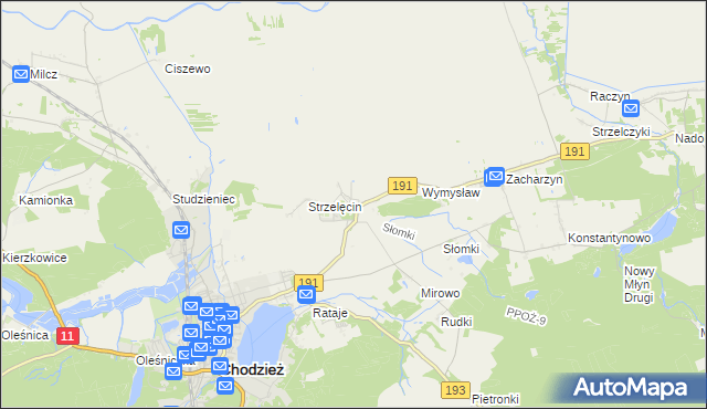 mapa Strzelce gmina Chodzież, Strzelce gmina Chodzież na mapie Targeo