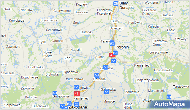 mapa Suche gmina Poronin, Suche gmina Poronin na mapie Targeo