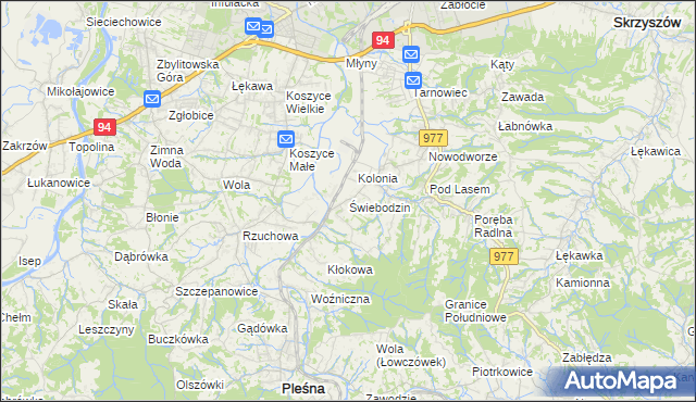mapa Świebodzin gmina Pleśna, Świebodzin gmina Pleśna na mapie Targeo