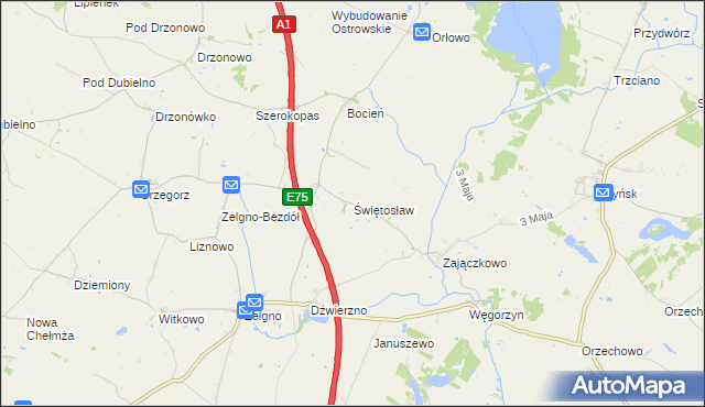 mapa Świętosław gmina Chełmża, Świętosław gmina Chełmża na mapie Targeo