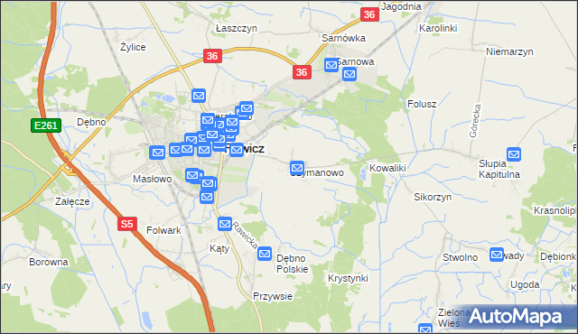 mapa Szymanowo gmina Rawicz, Szymanowo gmina Rawicz na mapie Targeo