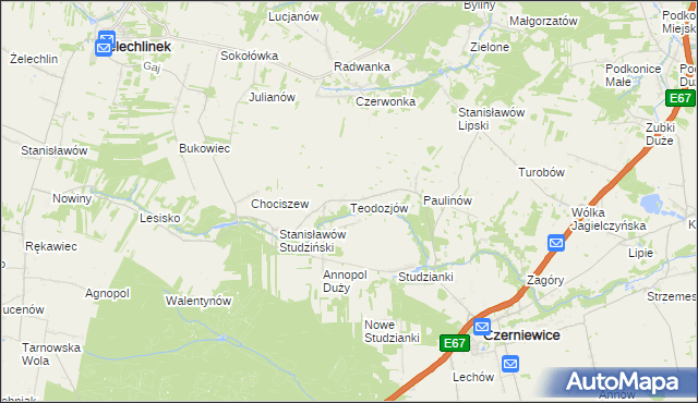 mapa Teodozjów gmina Czerniewice, Teodozjów gmina Czerniewice na mapie Targeo