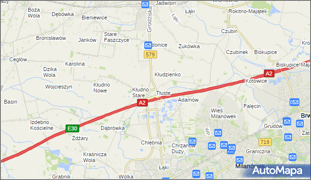 mapa Tłuste gmina Grodzisk Mazowiecki, Tłuste gmina Grodzisk Mazowiecki na mapie Targeo