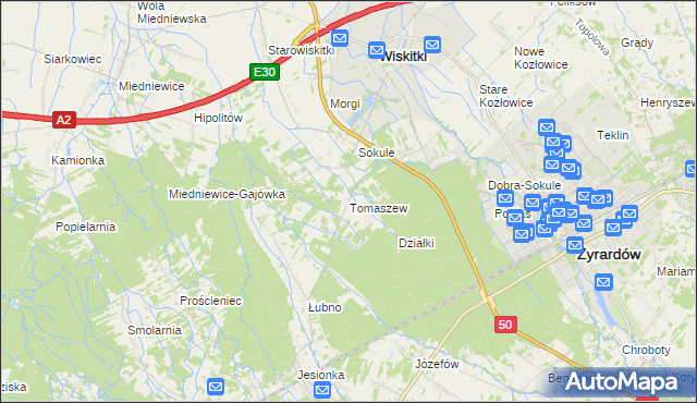 mapa Tomaszew gmina Wiskitki, Tomaszew gmina Wiskitki na mapie Targeo