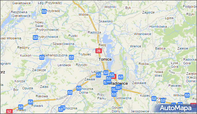mapa Tomice powiat wadowicki, Tomice powiat wadowicki na mapie Targeo