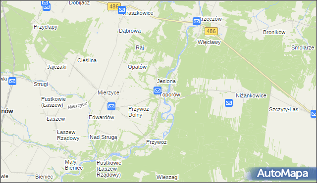 mapa Toporów gmina Wierzchlas, Toporów gmina Wierzchlas na mapie Targeo