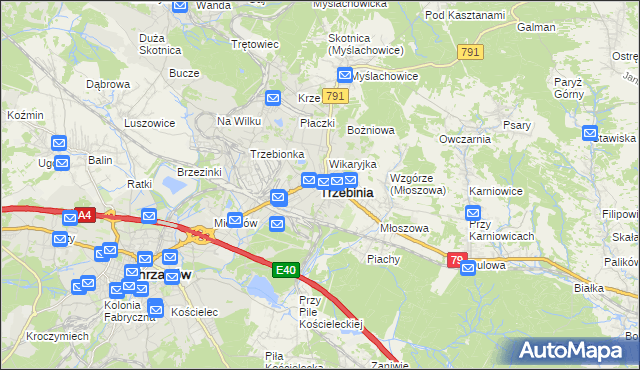 mapa Trzebinia powiat chrzanowski, Trzebinia powiat chrzanowski na mapie Targeo