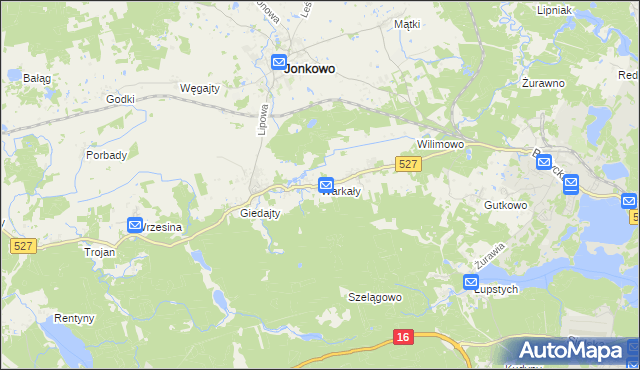 mapa Warkały gmina Jonkowo, Warkały gmina Jonkowo na mapie Targeo