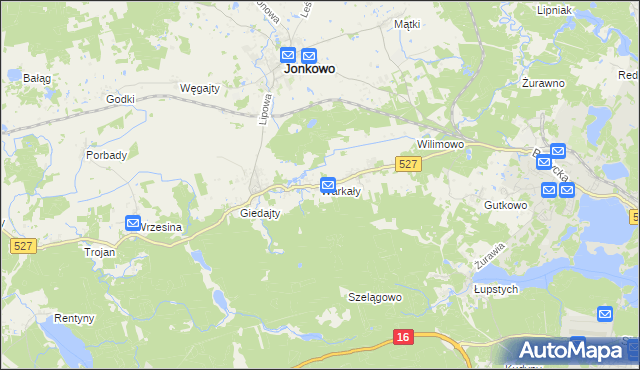 mapa Warkały gmina Jonkowo, Warkały gmina Jonkowo na mapie Targeo