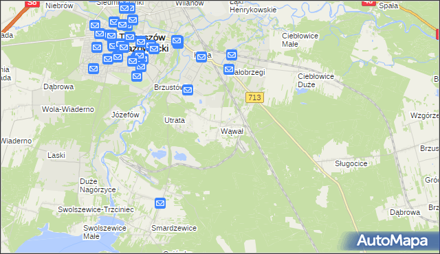 mapa Wąwał gmina Tomaszów Mazowiecki, Wąwał gmina Tomaszów Mazowiecki na mapie Targeo