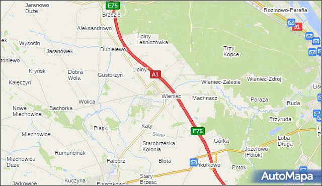 mapa Wieniec gmina Brześć Kujawski, Wieniec gmina Brześć Kujawski na mapie Targeo