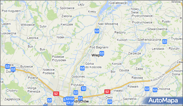 mapa Wieprz powiat wadowicki, Wieprz powiat wadowicki na mapie Targeo