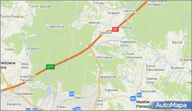 mapa Wiśniówka gmina Masłów, Wiśniówka gmina Masłów na mapie Targeo