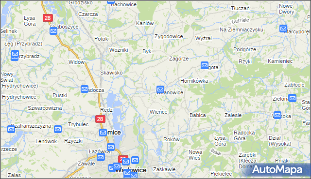 mapa Witanowice gmina Tomice, Witanowice gmina Tomice na mapie Targeo