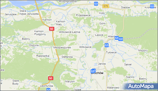 mapa Witkowice gmina Młodzieszyn, Witkowice gmina Młodzieszyn na mapie Targeo