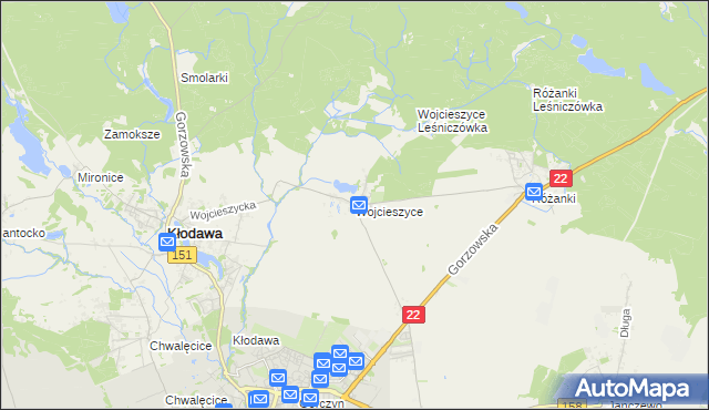 mapa Wojcieszyce gmina Kłodawa, Wojcieszyce gmina Kłodawa na mapie Targeo