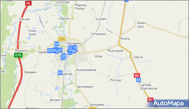 mapa Wola gmina Pelplin, Wola gmina Pelplin na mapie Targeo