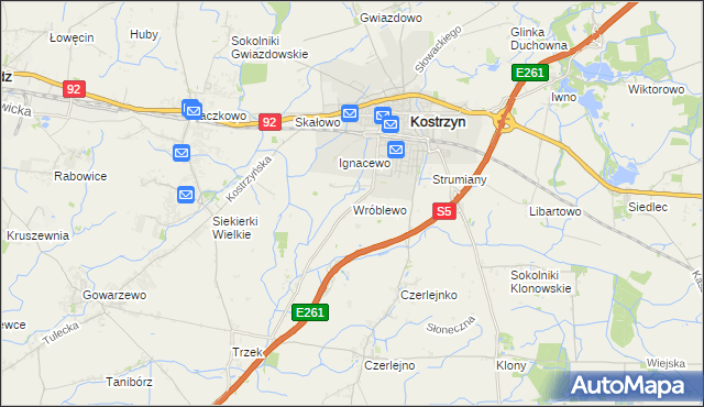 mapa Wróblewo gmina Kostrzyn, Wróblewo gmina Kostrzyn na mapie Targeo