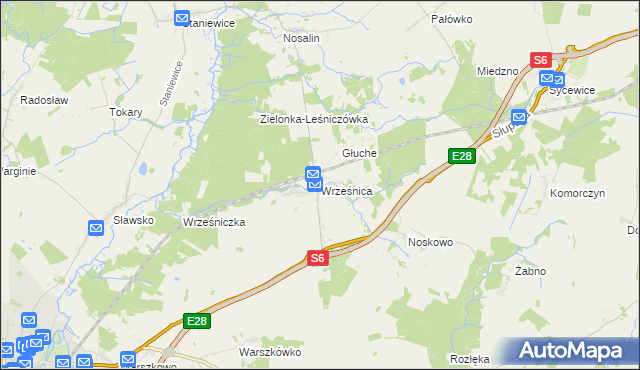 mapa Wrześnica gmina Sławno, Wrześnica gmina Sławno na mapie Targeo