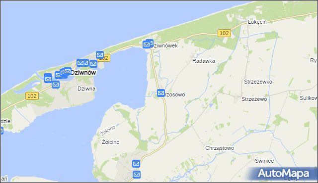 mapa Wrzosowo gmina Kamień Pomorski, Wrzosowo gmina Kamień Pomorski na mapie Targeo