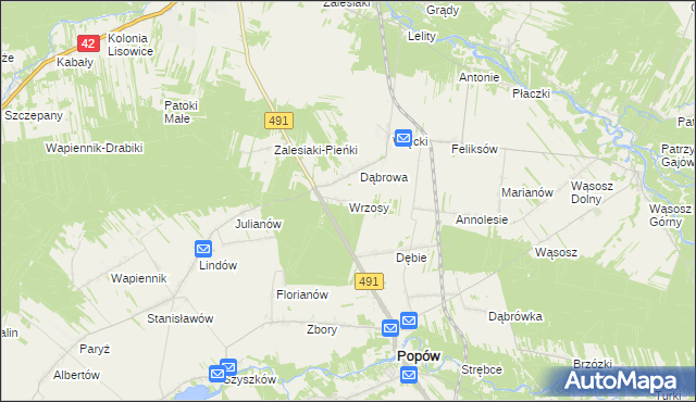 mapa Wrzosy gmina Popów, Wrzosy gmina Popów na mapie Targeo