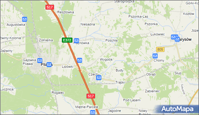 mapa Wygoda gmina Pilawa, Wygoda gmina Pilawa na mapie Targeo