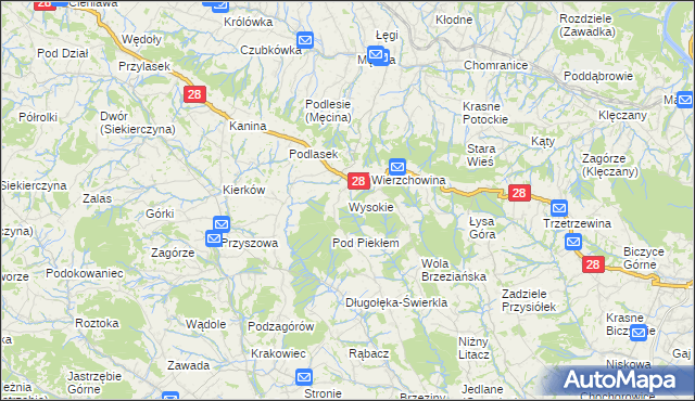 mapa Wysokie gmina Limanowa, Wysokie gmina Limanowa na mapie Targeo