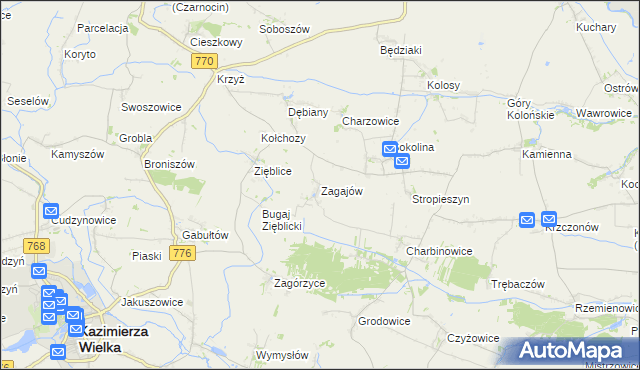 mapa Zagajów gmina Czarnocin, Zagajów gmina Czarnocin na mapie Targeo