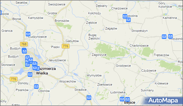mapa Zagórzyce gmina Kazimierza Wielka, Zagórzyce gmina Kazimierza Wielka na mapie Targeo